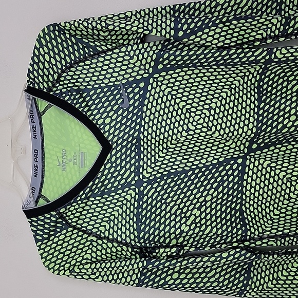 Nike Pro Green & Black Geometric Print Long Sleeve Fitted Top M - Picture 2 of 15